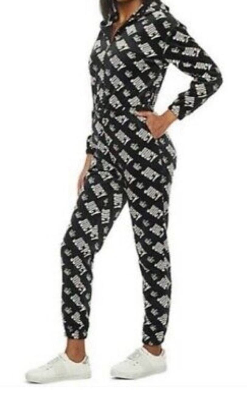 Y2K JUICY COUTURE Velvet Logo Print Hooded Jumpsuit Black Velour Vintage Glam XS